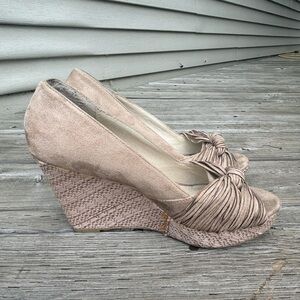 Soda Tan Wedge Peep-Toe Shoes with Textured Heel